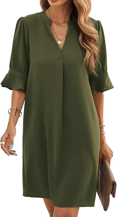 Vestido camisero de media manga con cuello en V para mujer de Famulily, elegante vestido corto informal de verano de color liso