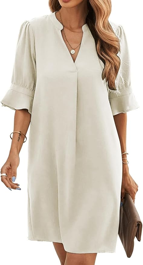 Vestido camisero de media manga con cuello en V para mujer de Famulily, elegante vestido corto informal de verano de color liso