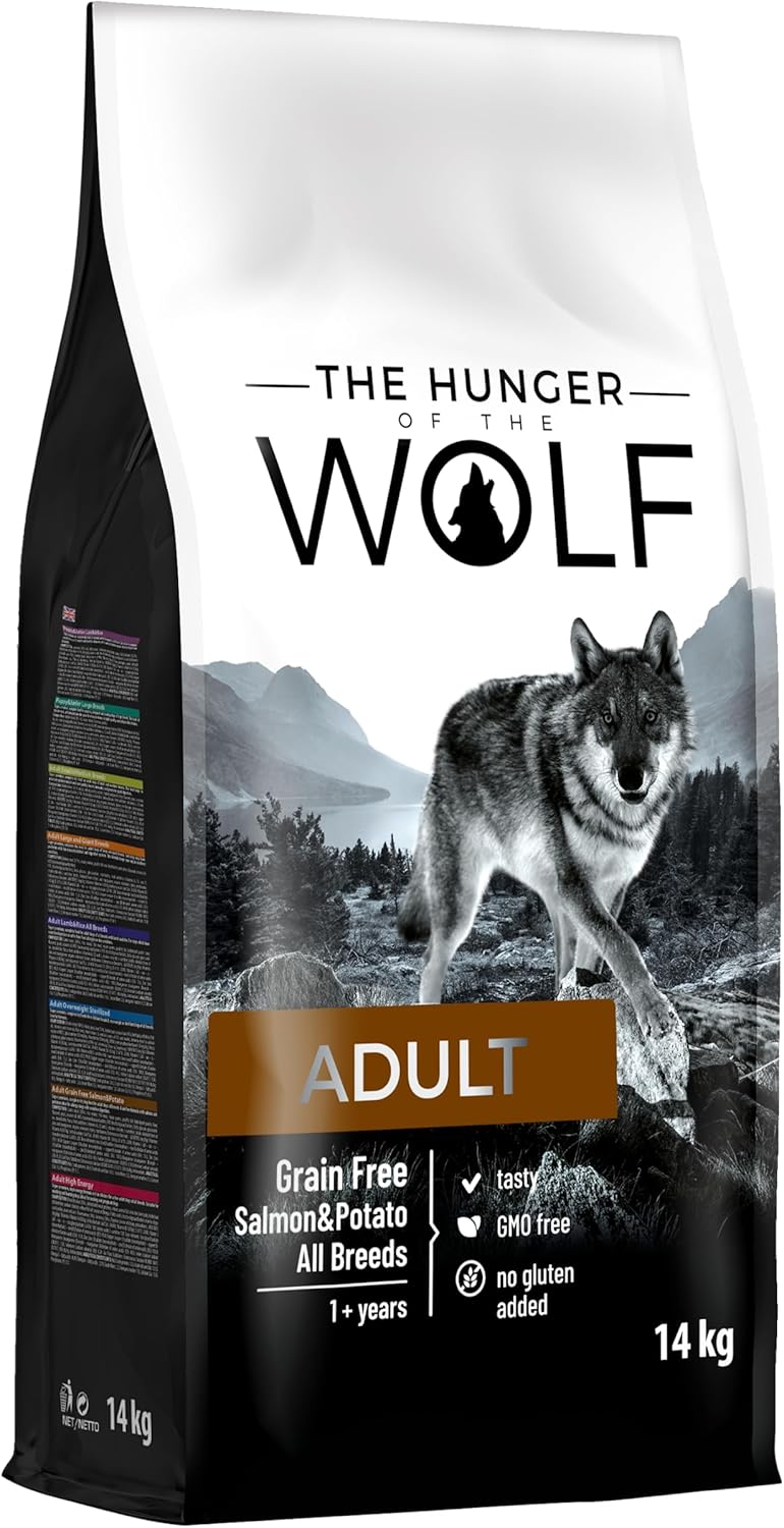 The Hunger of Wolf - Alimento seco para perros adultos con alergias, fórmula delicada sin cereales con salmón y patatas - 14 kg