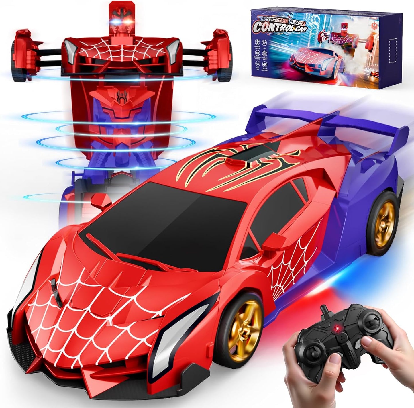 Remote Control Transform Car w Eye & Underbody Lights, 2.4GHz Web RC Car & Robot One-Button Deformation & 360°Rotation, Boys Toys Gifts Age 3-12
