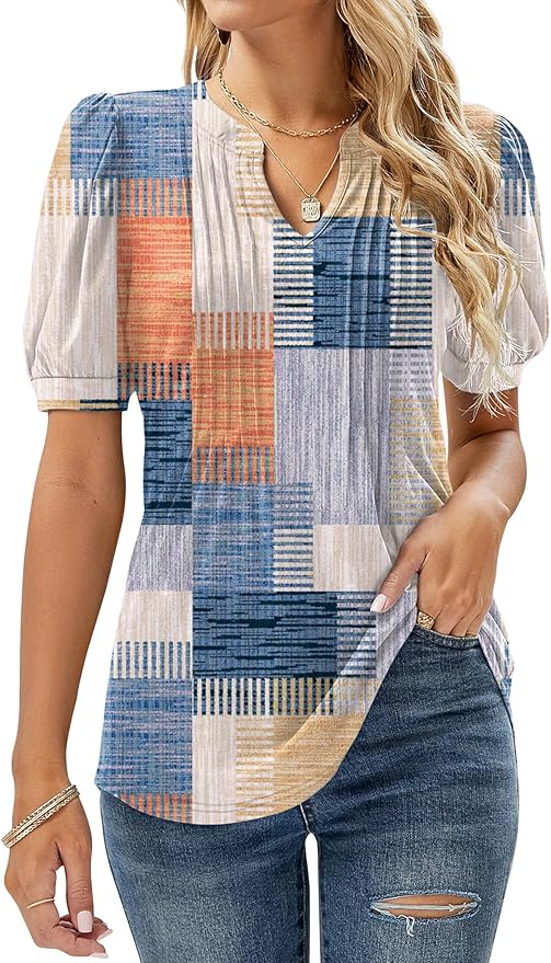 Womens V Neck Tops Puff Short Sleeve T-Shirt Pleated Floral Printed Tunic Blouse Shirts Multicolor