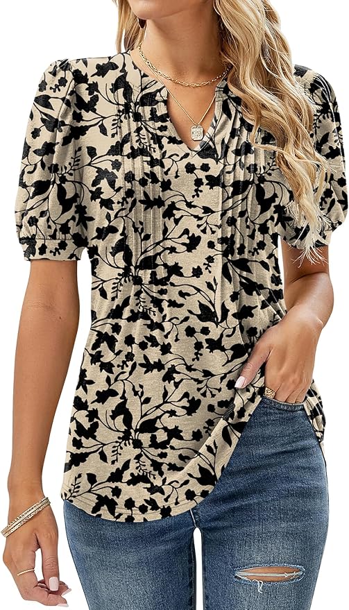 Womens V Neck Tops Puff Short Sleeve T-Shirt Pleated Floral Printed Tunic Blouse Shirts