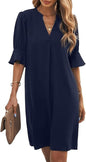 Vestido camisero de media manga con cuello en V para mujer de Famulily, elegante vestido corto informal de verano de color liso