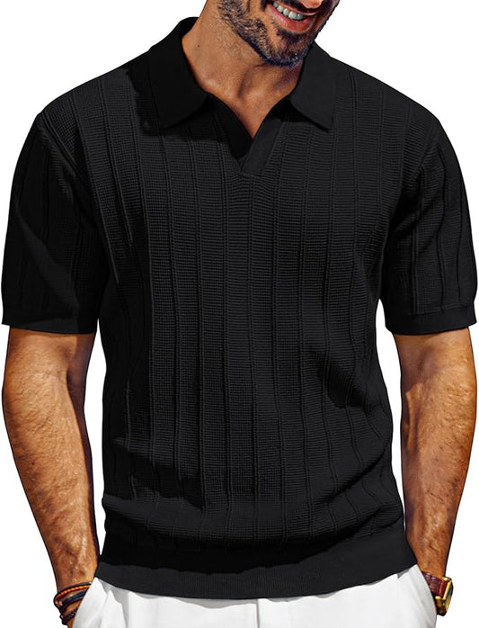 PJ PAUL JONES Mens Polo Shirts Short Sleeve Knit V Neck Golf Polos Textured Summer Shirts Black