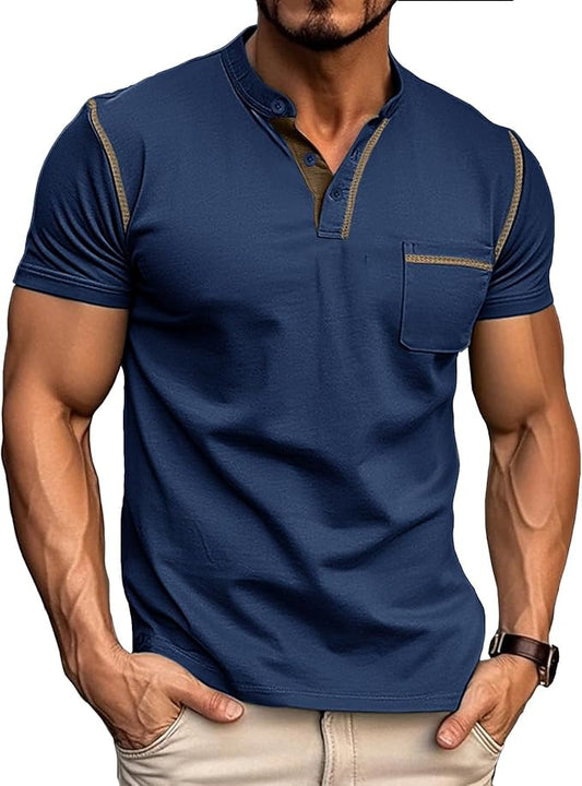 Mens Henley T-Shirts Cotton Short Sleeve Shirts Casual Summer Shirt Tops Blue