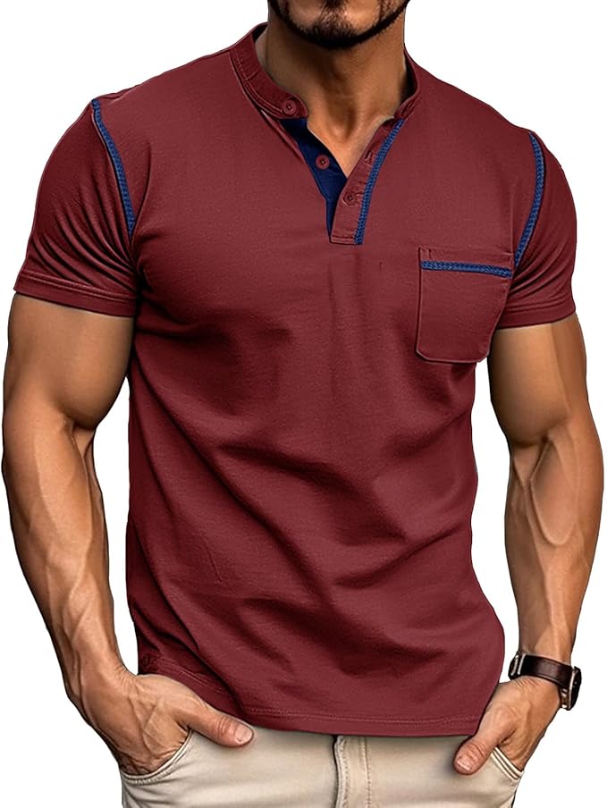 Mens Henley T-Shirts Cotton Short Sleeve Shirts Casual Summer Shirt Tops Red