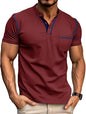 Mens Henley T-Shirts Cotton Short Sleeve Shirts Casual Summer Shirt Tops Red