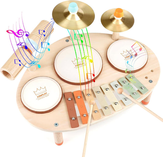 Vanplay Kids Wooden Drum Kit Musical Instruments For Toddlers - 3 Drums, 2 Cymbals, Xylophone & Sticks - Ages 3-5 - Musical Toys For Boys & Girls