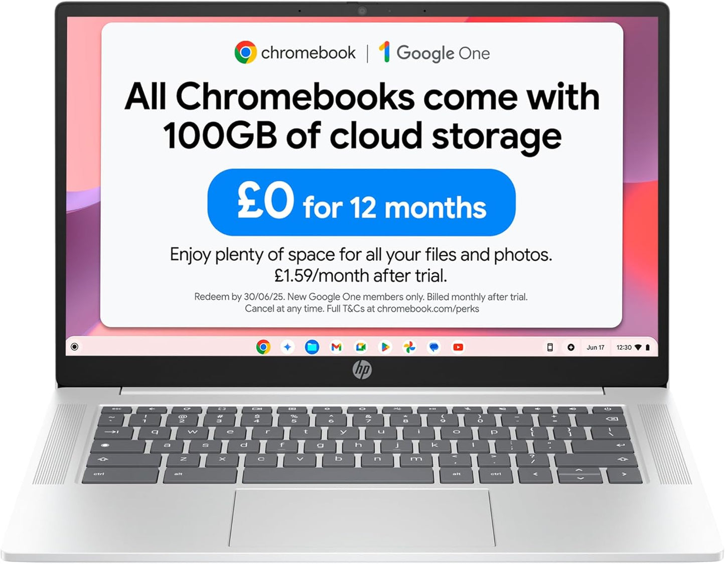 Chromebook HP de 14" | Procesador Intel N100 | 4 GB de RAM | Almacenamiento flash de 128 GB | Gráficos Intel UHD | Pantalla HD | Hasta 12 horas de batería | Sistema operativo Chrome | Altavoces duales | Color plata glaciar 