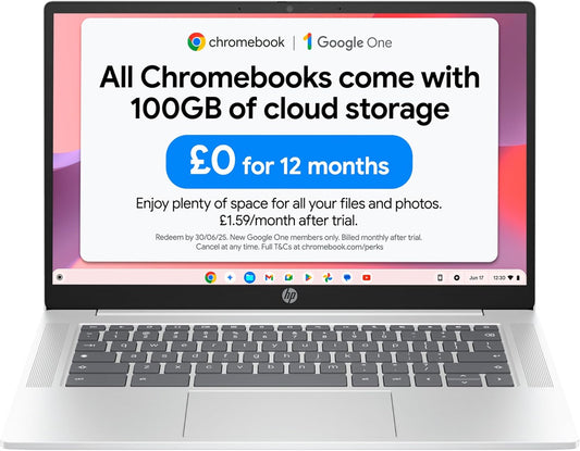 Chromebook HP de 14" | Procesador Intel N100 | 4 GB de RAM | Almacenamiento flash de 128 GB | Gráficos Intel UHD | Pantalla HD | Hasta 12 horas de batería | Sistema operativo Chrome | Altavoces duales | Color plata glaciar 