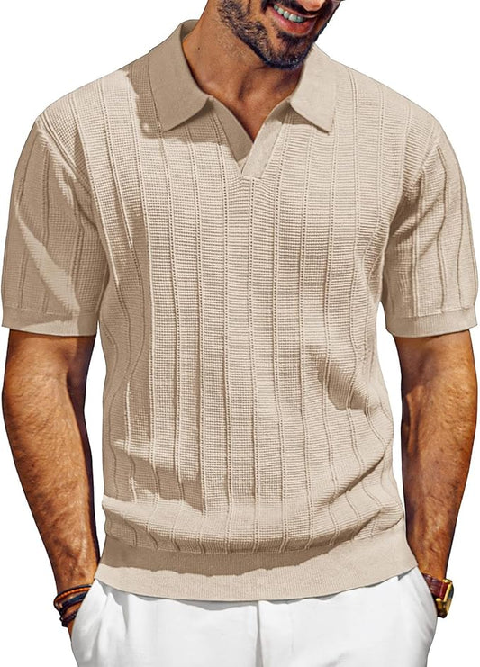 PJ PAUL JONES Mens Polo Shirts Short Sleeve Knit V Neck Golf Polos Textured Summer Shirts Beige